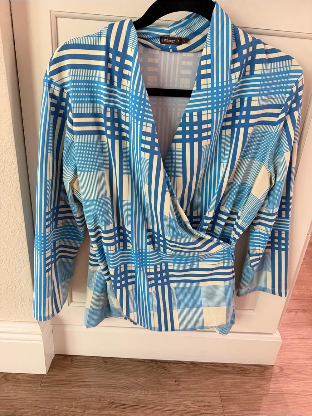 JM Collection Blue and White Plaid Wrap-Style Blouse